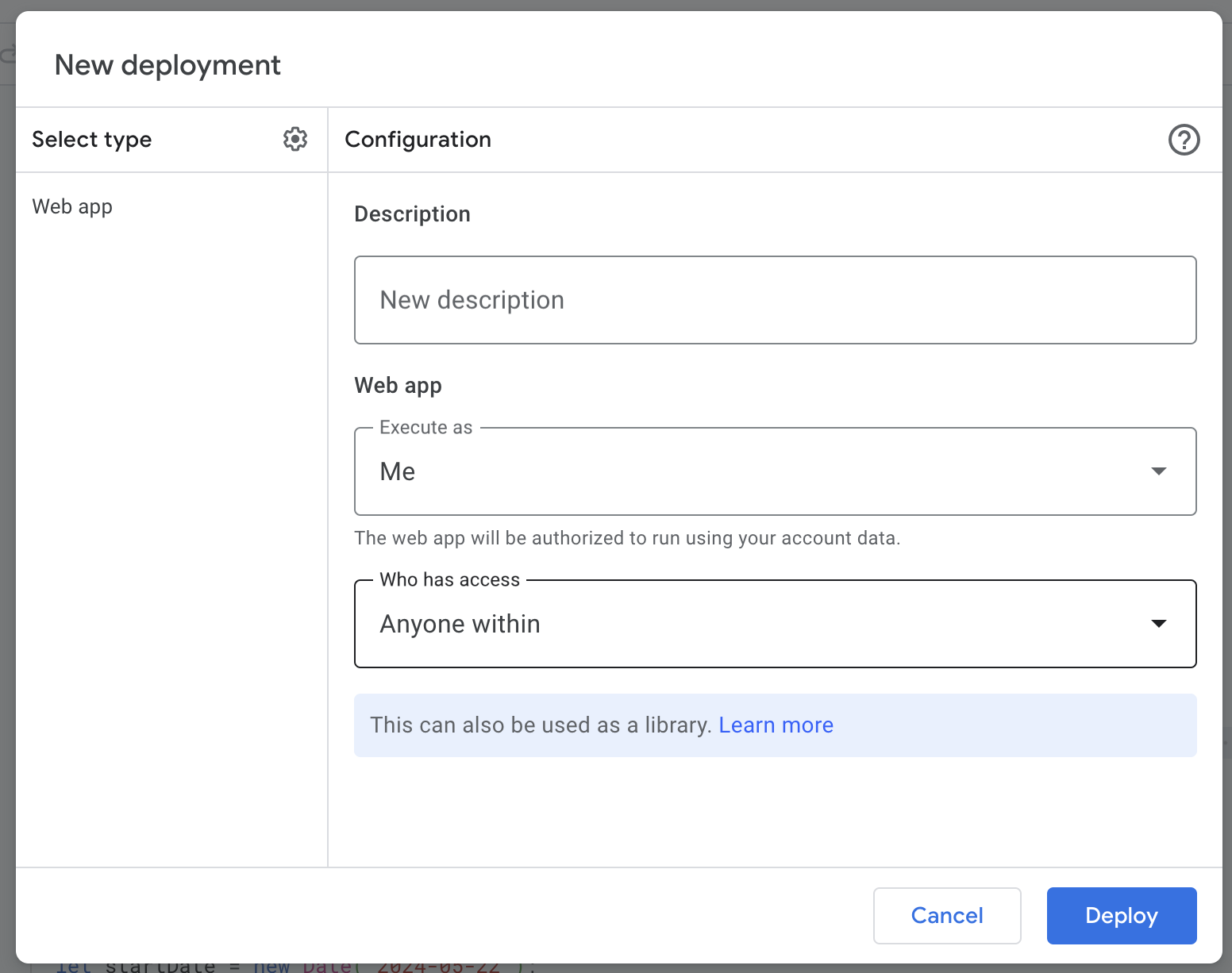 Apps Script Deployment Dialogue